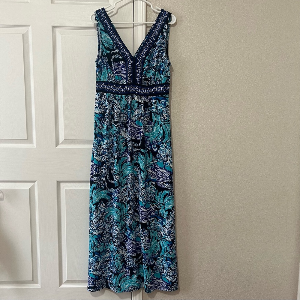 Trulli Blue Tropical Floral V-Neck Sleeveless Maxi Dress Women’s Large